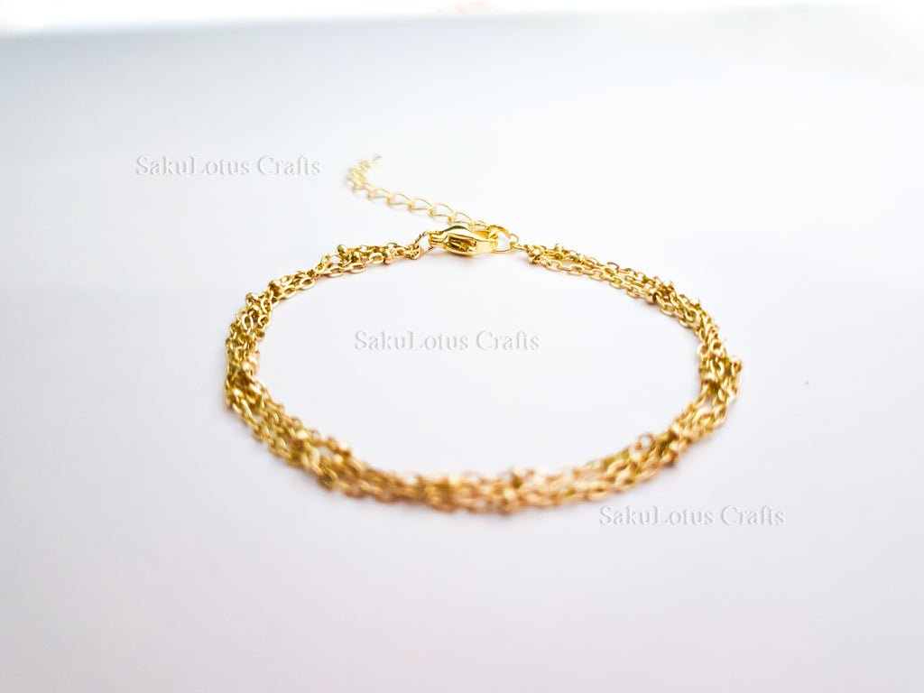 14K Gold Plated Stainless Steel Triple-Strand Satellite Chain Bracelet • Adjustable 6.5"
