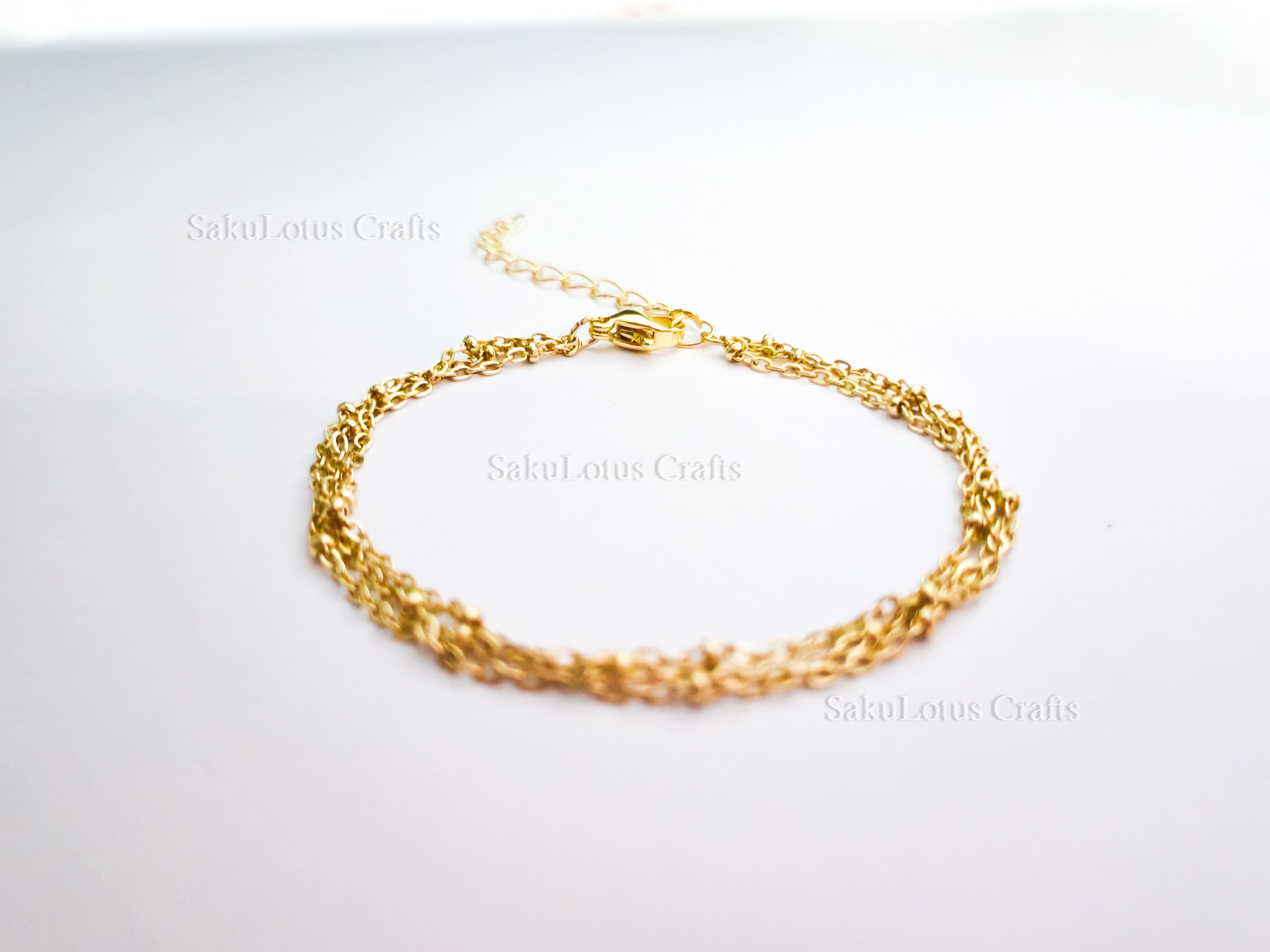 14K Gold Plated Stainless Steel Triple-Strand Satellite Chain Bracelet • Adjustable 6.5"