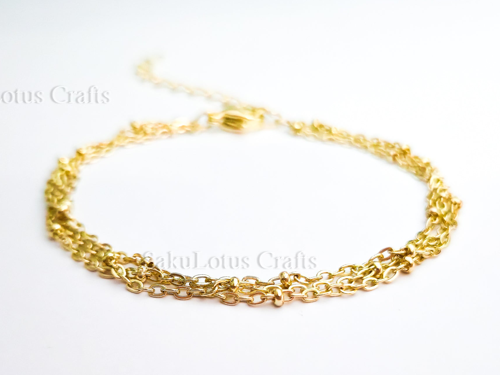 14K Gold Plated Stainless Steel Triple-Strand Satellite Chain Bracelet • Adjustable 6.5"