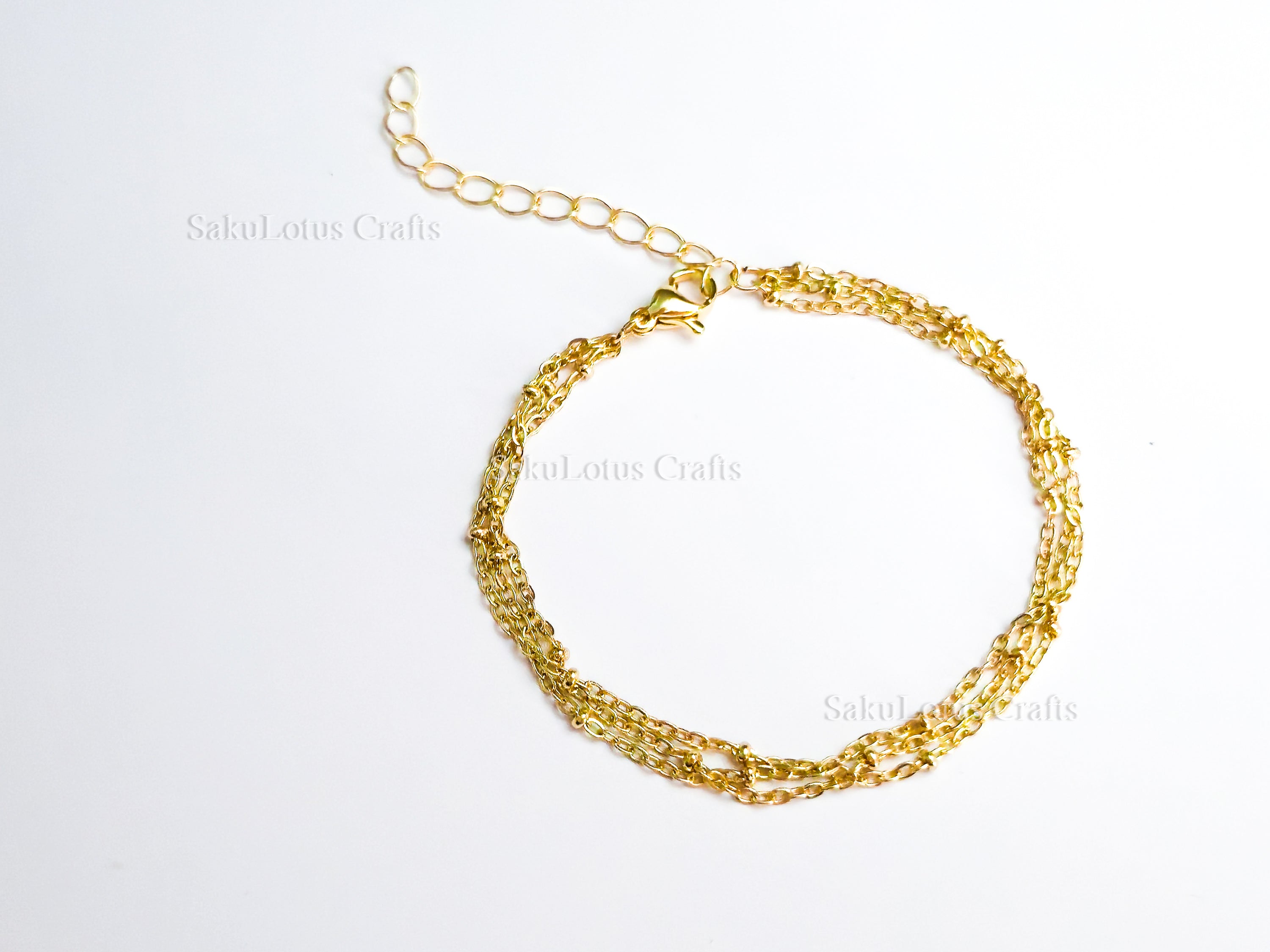 14K Gold Plated Stainless Steel Triple-Strand Satellite Chain Bracelet • Adjustable 6.5"