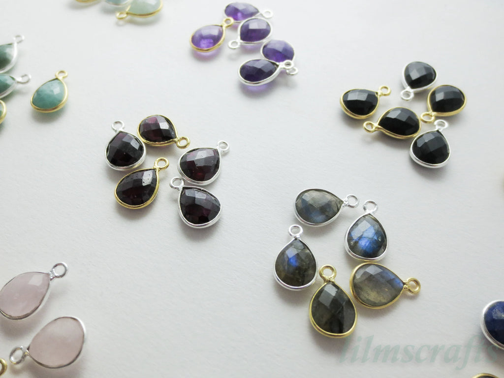 15mm Natural Gemstone Bezel Drop Pendant • 925 Sterling Silver • Gold Rose Vermeil • Teardrop Crystal Charm