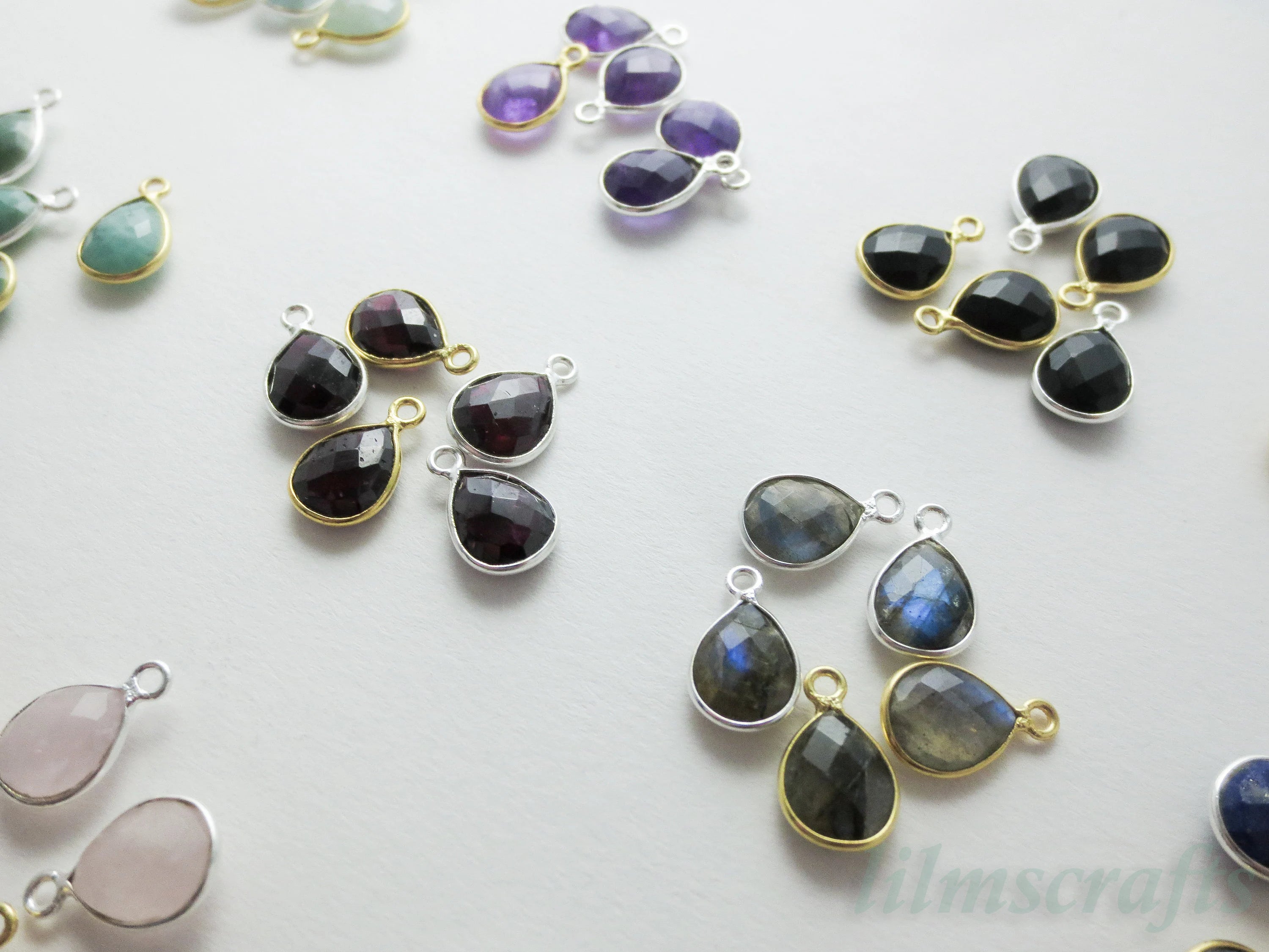 15mm Natural Gemstone Bezel Drop Pendant • 925 Sterling Silver • Gold Rose Vermeil • Teardrop Crystal Charm