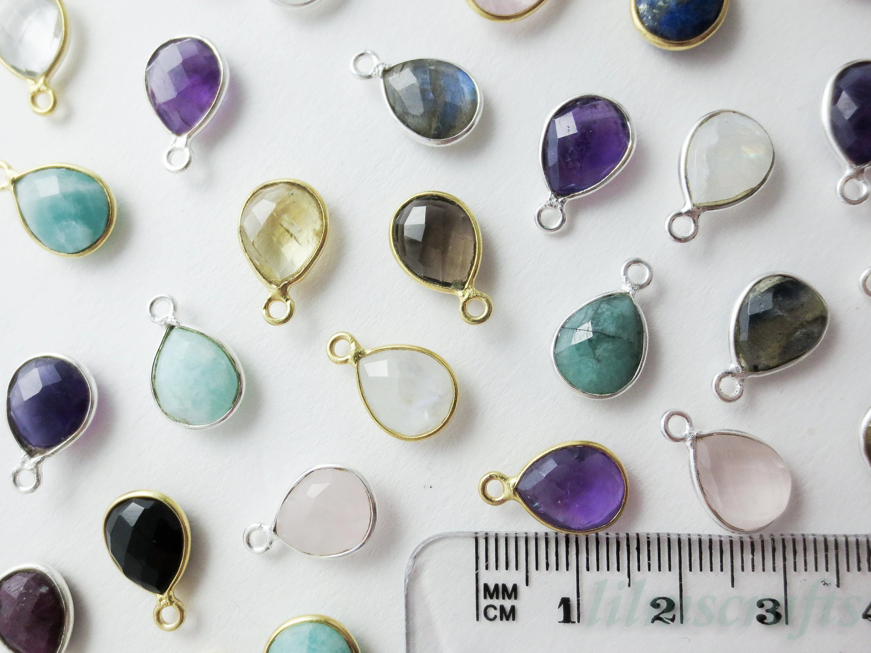 15mm Natural Gemstone Bezel Drop Pendant • 925 Sterling Silver • Gold Rose Vermeil • Teardrop Crystal Charm