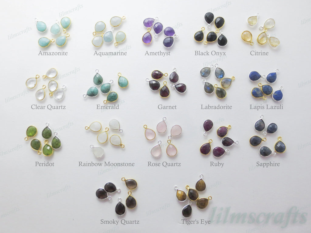 15mm Natural Gemstone Bezel Drop Pendant • 925 Sterling Silver • Gold Rose Vermeil • Teardrop Crystal Charm