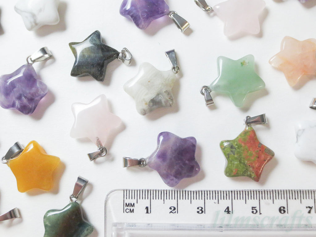 RESTOCK Natural Stone Crystal Star Pendant • 20mm Gemstone Charm • Silver Gold Rose Gold Stainless Steel • Jewelry Making Supplies