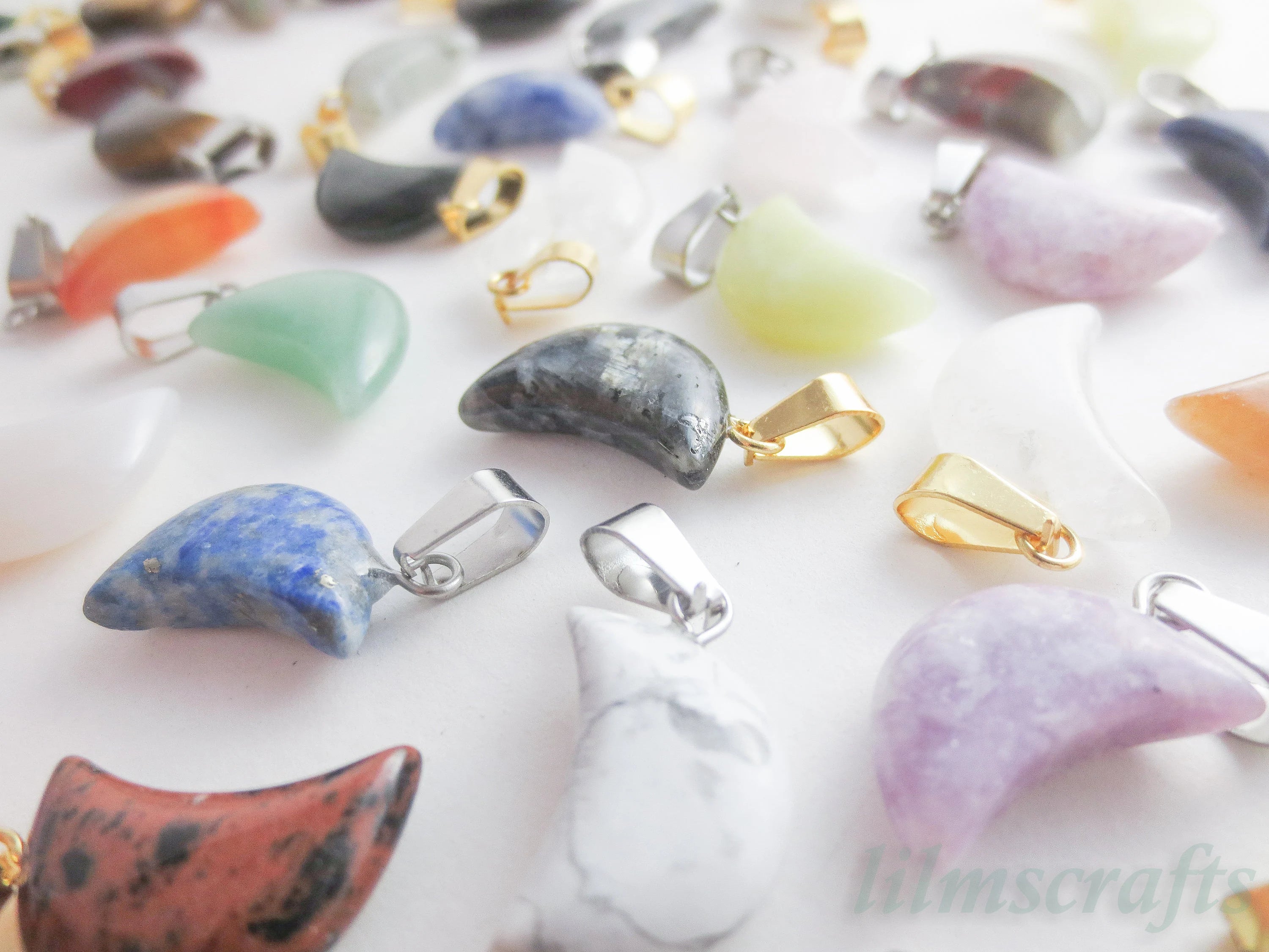 RESTOCK Natural Crystal Moon Crescent Pendant • Silver Gold Rose Stainless Steel • Gemstone Charm • Jewelry Making Supplies DIY