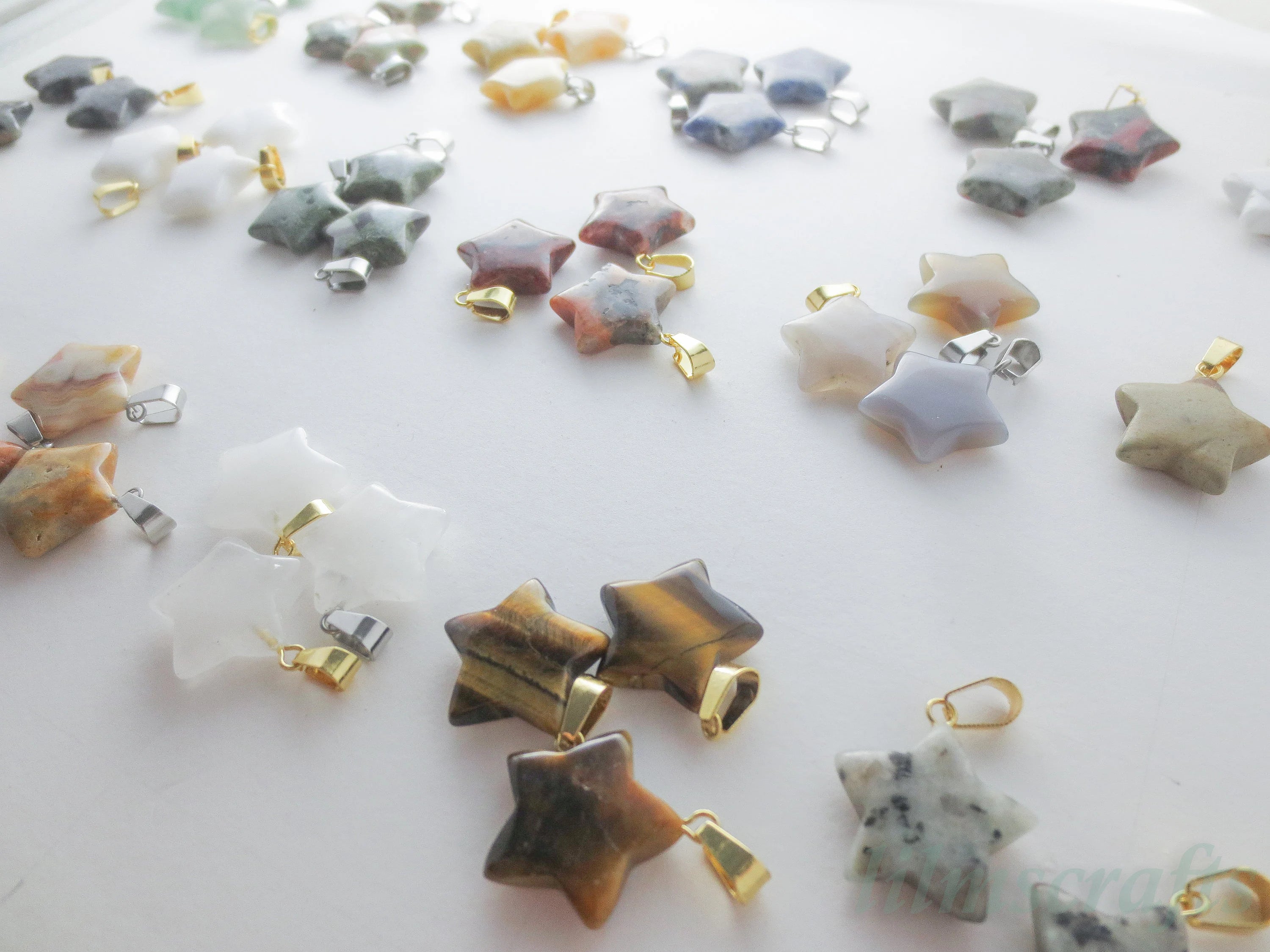 RESTOCK Natural Stone Crystal Star Pendant • 20mm Gemstone Charm • Silver Gold Rose Gold Stainless Steel • Jewelry Making Supplies