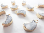 Mini Natural White Raw Druzy Quartz Crescent Moon Pendant • 18mm • Silver Gold Rose • Jewelry Making Charm