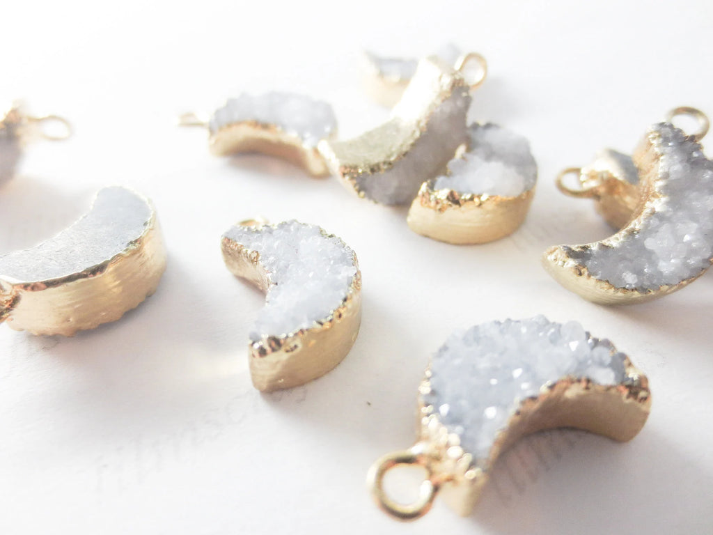 Mini Natural White Raw Druzy Quartz Crescent Moon Pendant • 18mm • Silver Gold Rose • Jewelry Making Charm