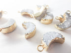 Mini Natural White Raw Druzy Quartz Crescent Moon Pendant • 18mm • Silver Gold Rose • Jewelry Making Charm
