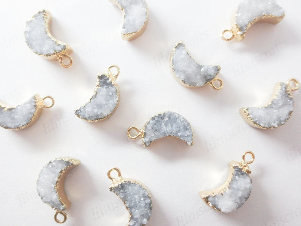 Mini Natural White Raw Druzy Quartz Crescent Moon Pendant • 18mm • Silver Gold Rose • Jewelry Making Charm