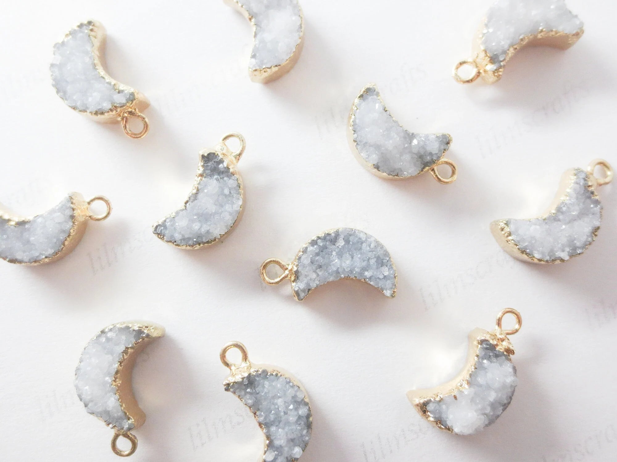 Mini Natural White Raw Druzy Quartz Crescent Moon Pendant • 18mm • Silver Gold Rose • Jewelry Making Charm