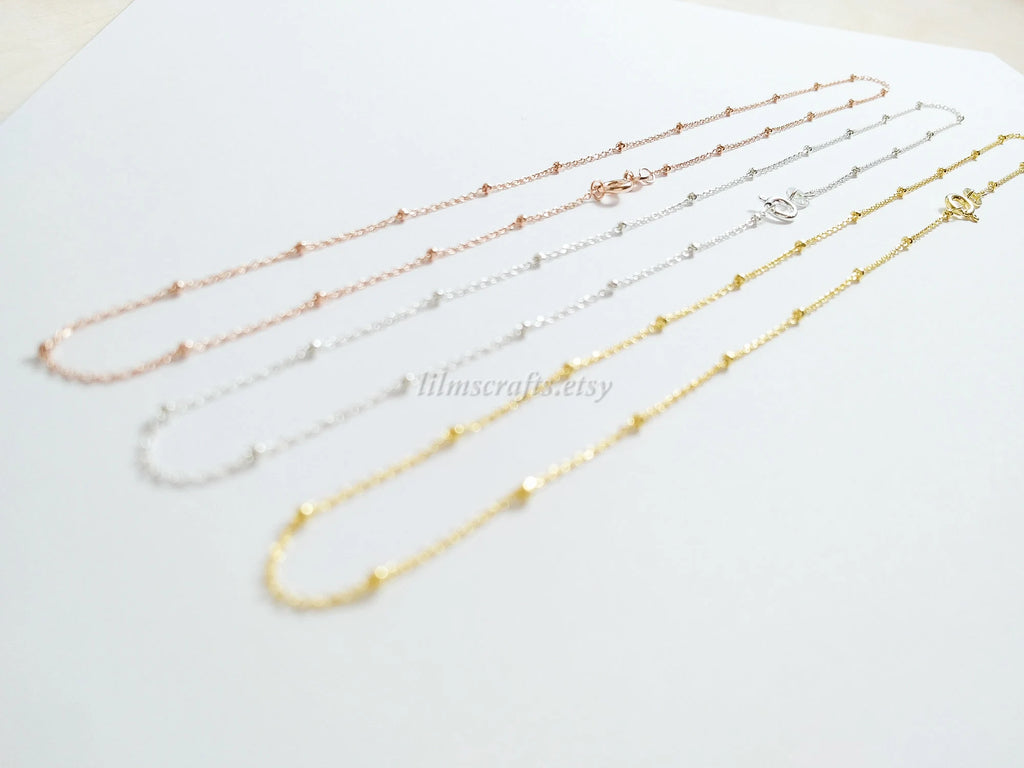 Solid 925 Sterling Silver Satellite Bead Chain Necklace • Spring Clasp • Silver Yellow Gold Rose Gold Vermeil • 14"–24"