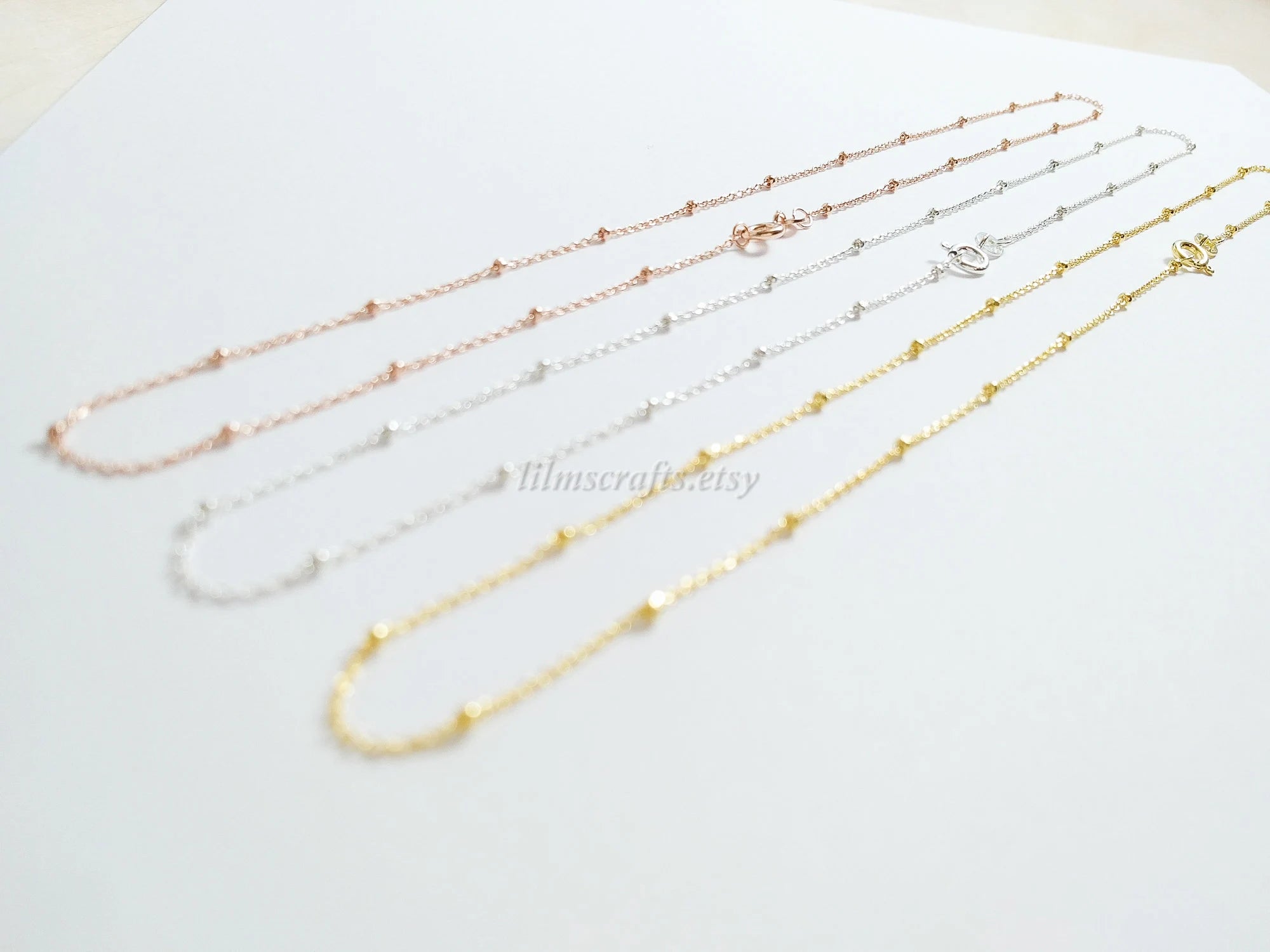 Solid 925 Sterling Silver Satellite Bead Chain Necklace • Spring Clasp • Silver Yellow Gold Rose Gold Vermeil • 14"–24"