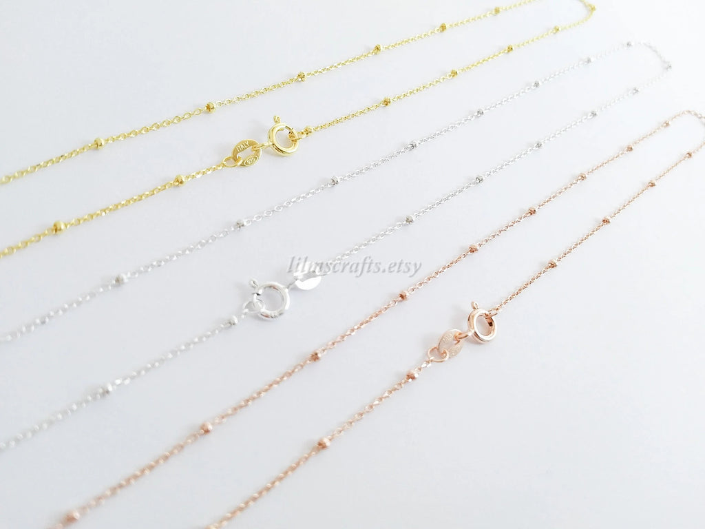 Solid 925 Sterling Silver Satellite Bead Chain Necklace • Spring Clasp • Silver Yellow Gold Rose Gold Vermeil • 14"–24"
