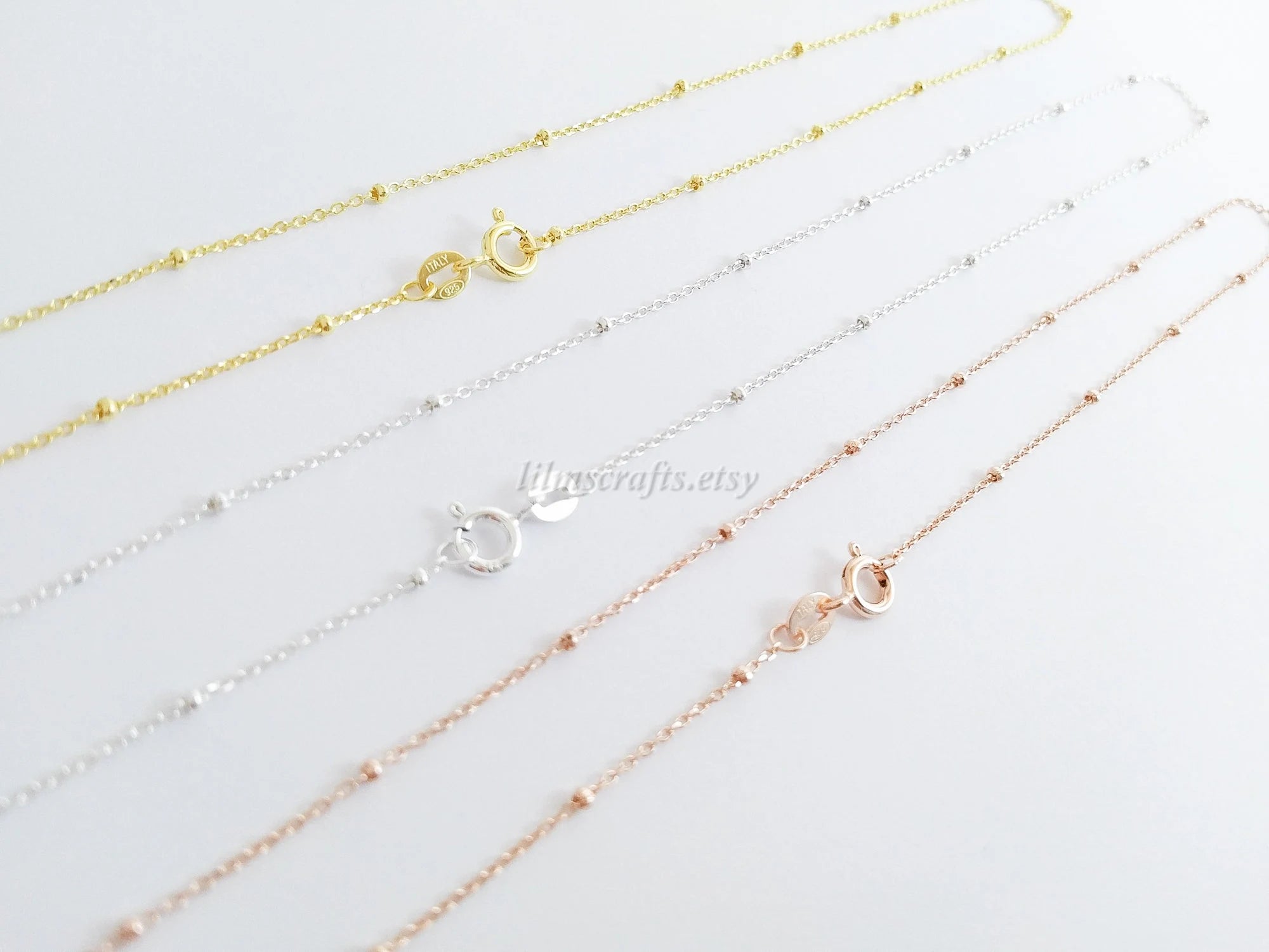 Solid 925 Sterling Silver Satellite Bead Chain Necklace • Spring Clasp • Silver Yellow Gold Rose Gold Vermeil • 14"–24"