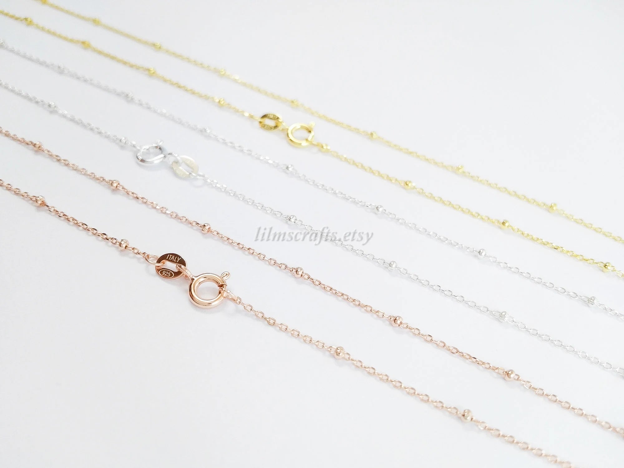 Solid 925 Sterling Silver Satellite Bead Chain Necklace • Spring Clasp • Silver Yellow Gold Rose Gold Vermeil • 14"–24"