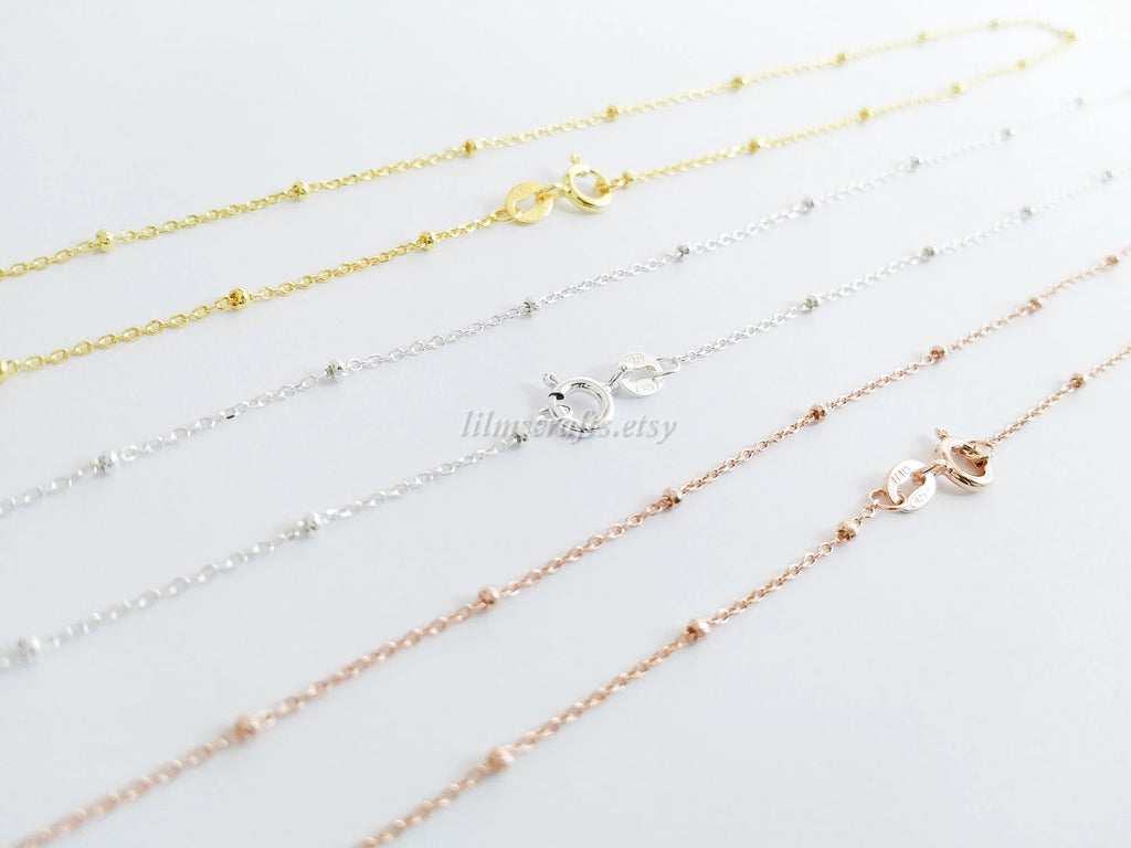 Solid 925 Sterling Silver Satellite Bead Chain Necklace • Spring Clasp • Silver Yellow Gold Rose Gold Vermeil • 14"–24"