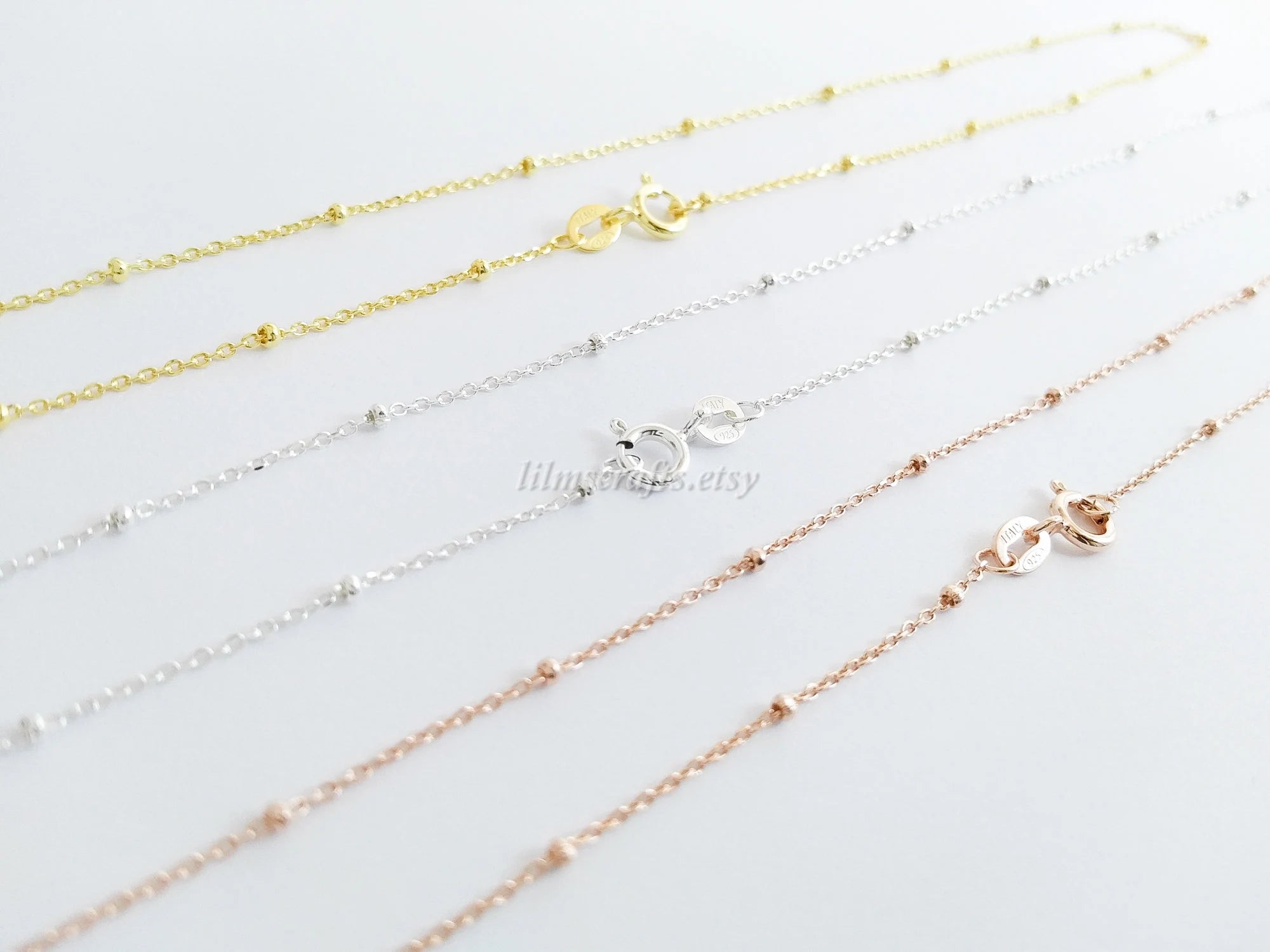 Solid 925 Sterling Silver Satellite Bead Chain Necklace • Spring Clasp • Silver Yellow Gold Rose Gold Vermeil • 14"–24"