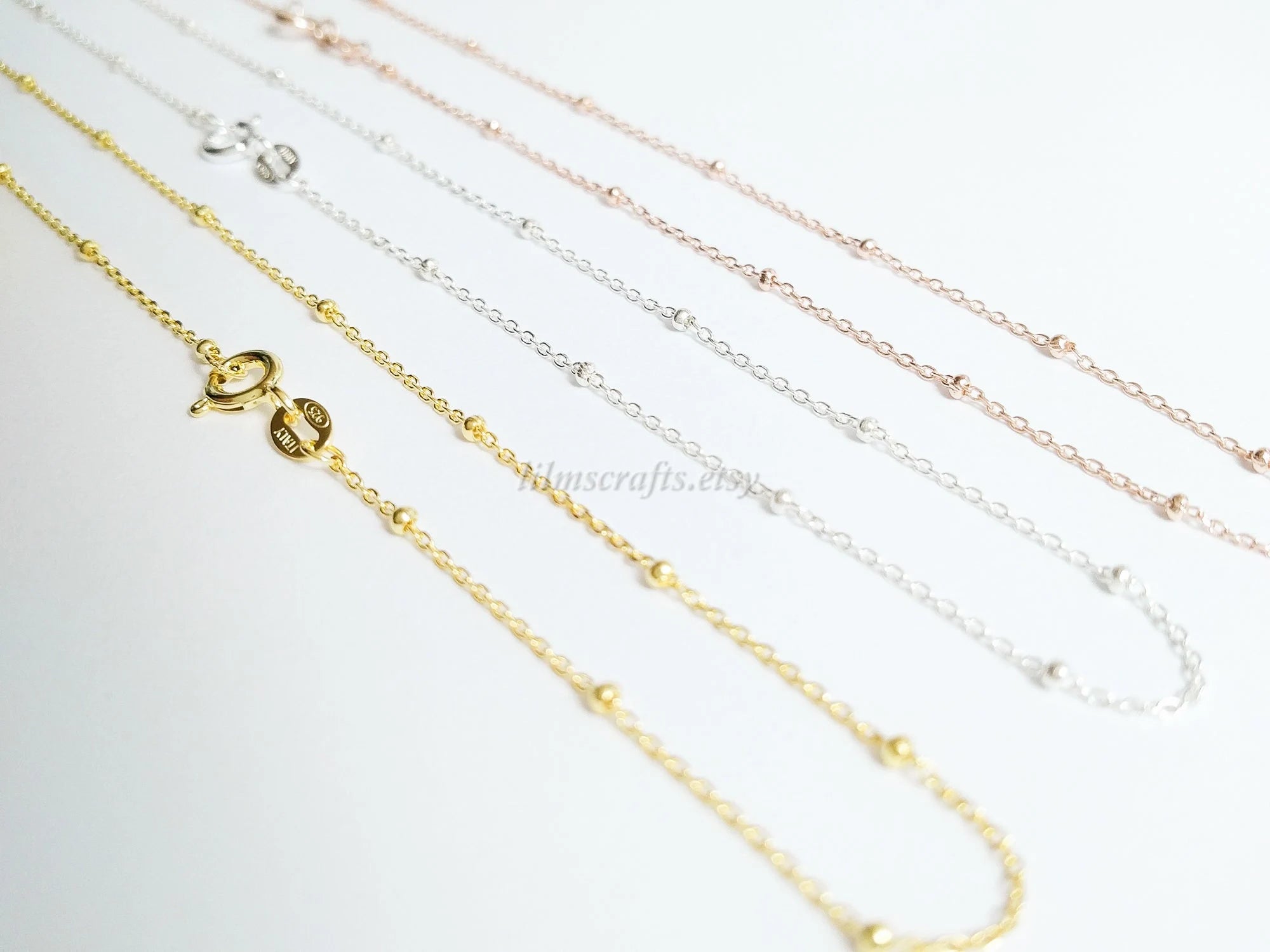 Solid 925 Sterling Silver Satellite Bead Chain Necklace • Spring Clasp • Silver Yellow Gold Rose Gold Vermeil • 14"–24"
