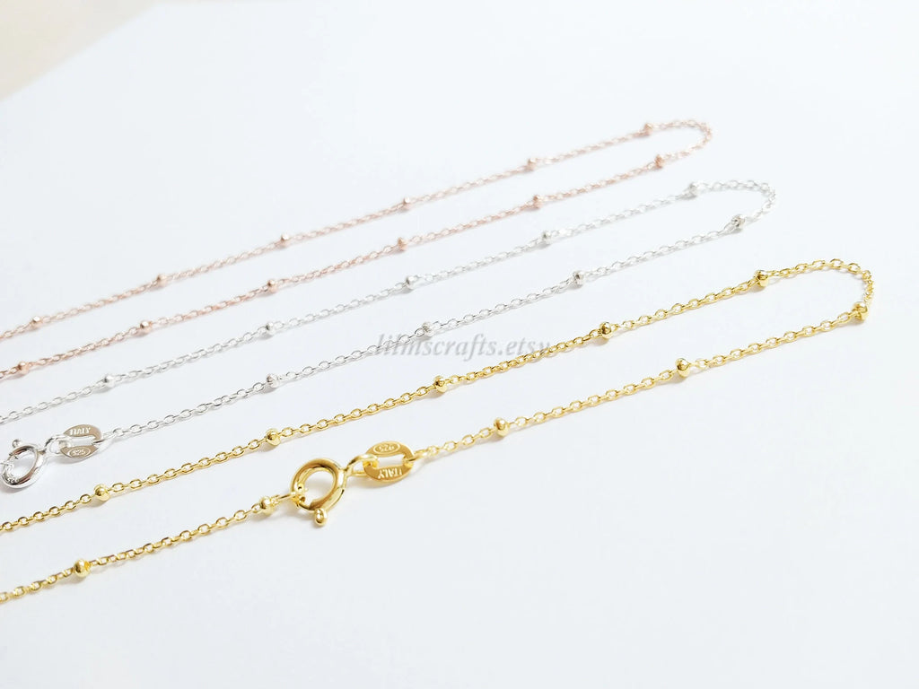 Solid 925 Sterling Silver Satellite Bead Chain Necklace • Spring Clasp • Silver Yellow Gold Rose Gold Vermeil • 14"–24"