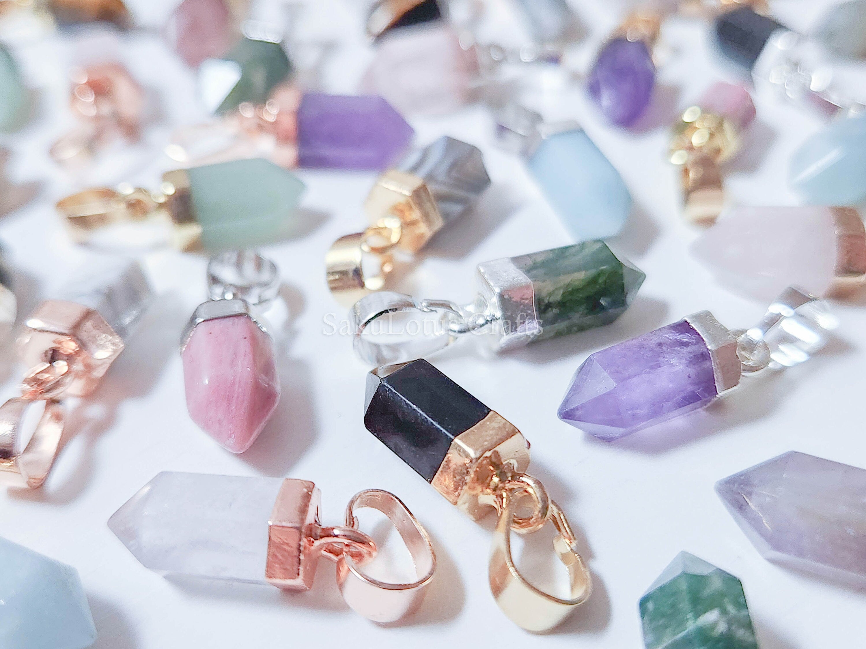 Small Natural Crystal Point Pendant • Gold Rose Silver Plated • Petite Stone Charm • Jewelry Making Supplies DIY