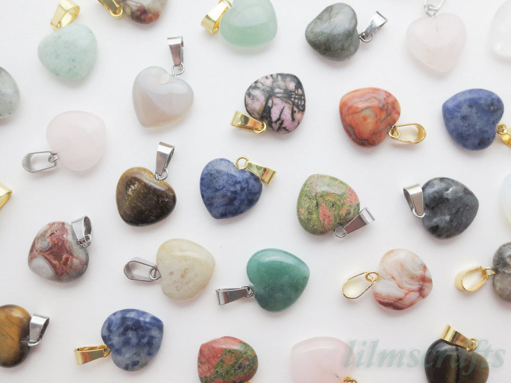 RESTOCK Natural Crystal Heart Pendant • 16mm Gemstone Charm • Silver Gold Rose Gold Stainless Steel • Jewelry Making Supplies