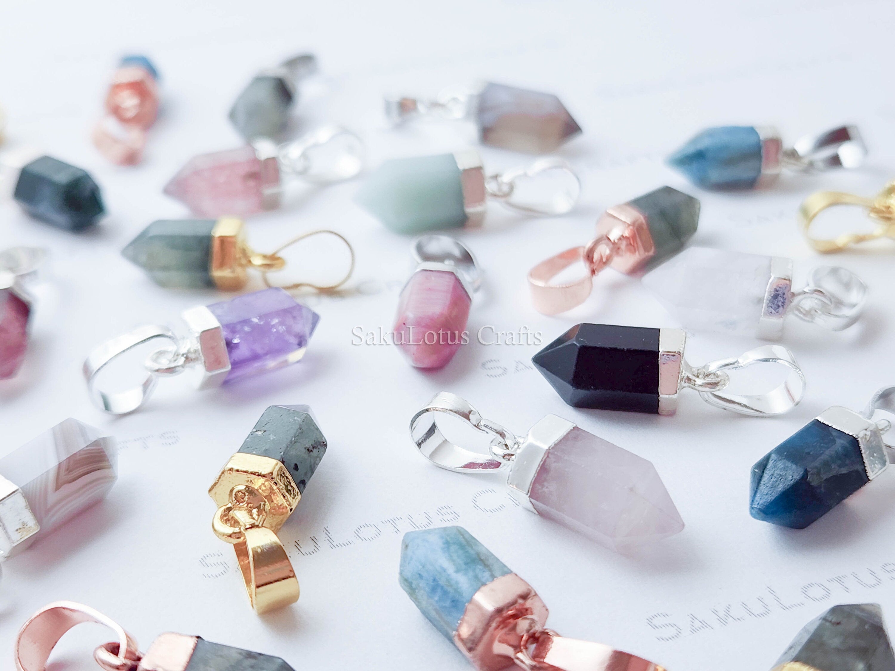 Small Natural Crystal Point Pendant • Gold Rose Silver Plated • Petite Stone Charm • Jewelry Making Supplies DIY