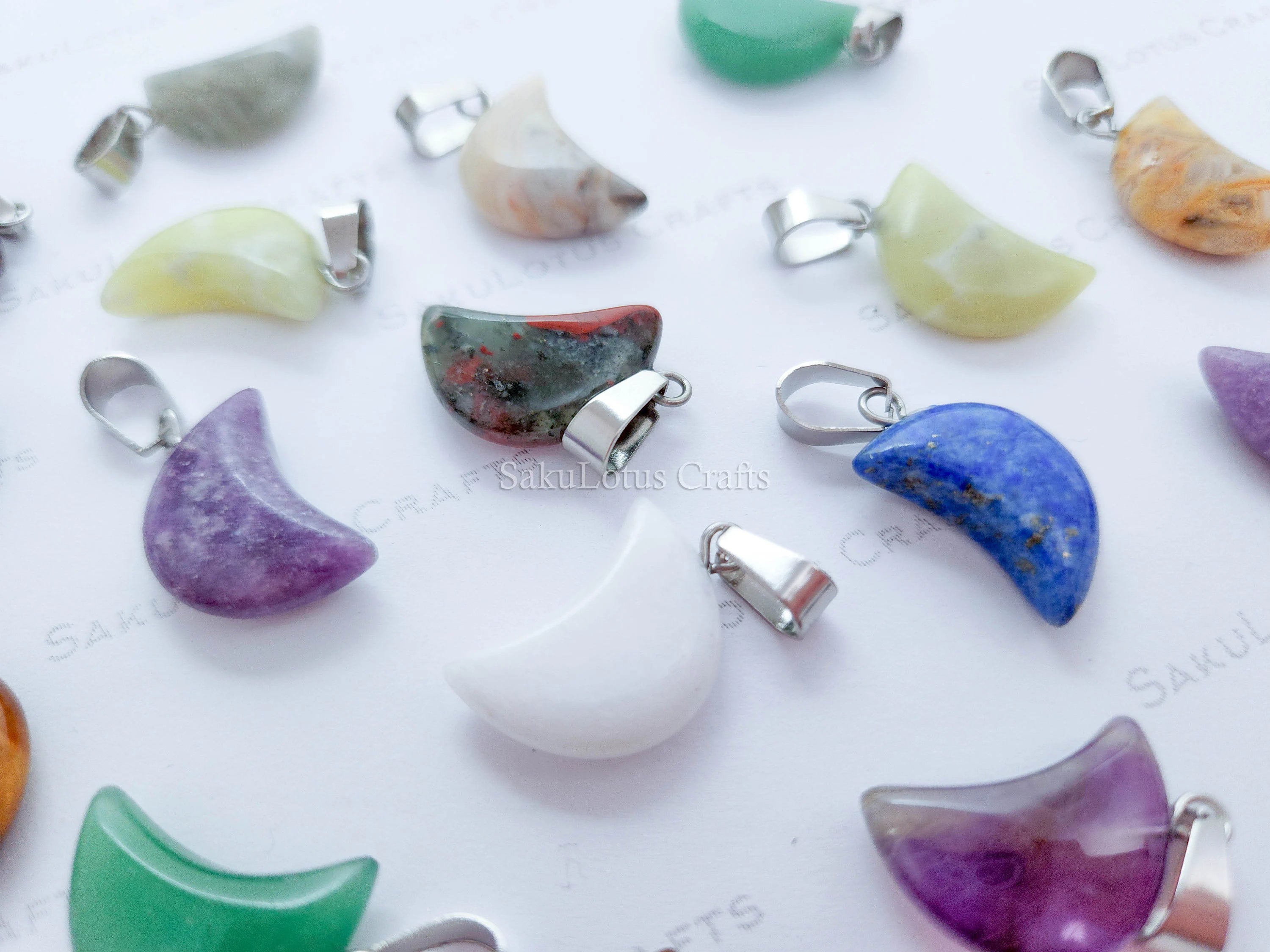RESTOCK Natural Crystal Moon Crescent Pendant • Silver Gold Rose Stainless Steel • Gemstone Charm • Jewelry Making Supplies DIY