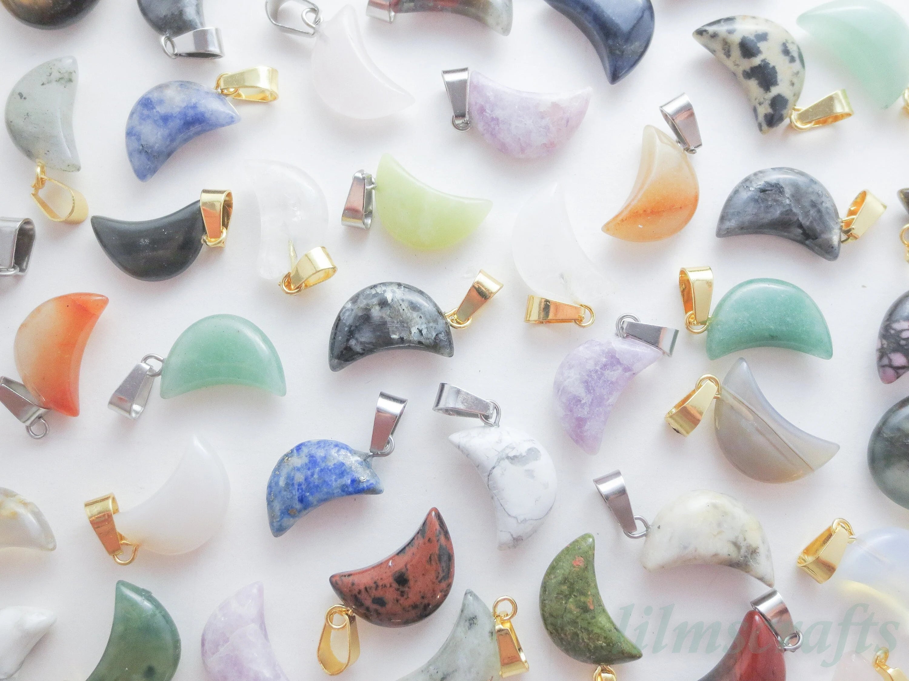 RESTOCK Natural Crystal Moon Crescent Pendant • Silver Gold Rose Stainless Steel • Gemstone Charm • Jewelry Making Supplies DIY