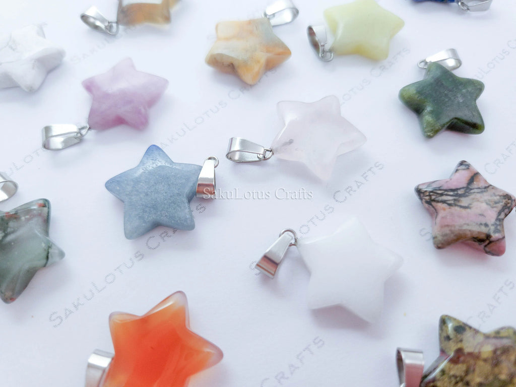 RESTOCK Natural Stone Crystal Star Pendant • 20mm Gemstone Charm • Silver Gold Rose Gold Stainless Steel • Jewelry Making Supplies
