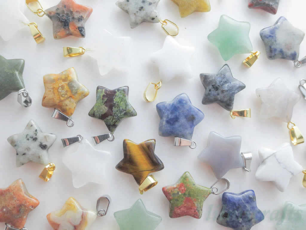 RESTOCK Natural Stone Crystal Star Pendant • 20mm Gemstone Charm • Silver Gold Rose Gold Stainless Steel • Jewelry Making Supplies