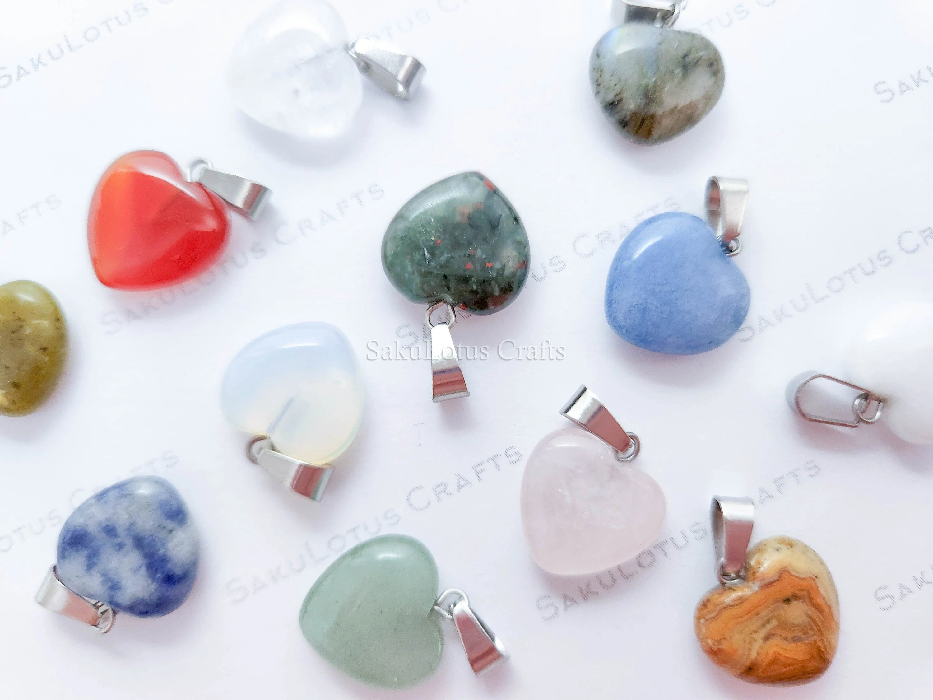 RESTOCK Natural Crystal Heart Pendant • 16mm Gemstone Charm • Silver Gold Rose Gold Stainless Steel • Jewelry Making Supplies