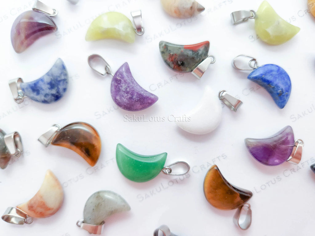 RESTOCK Natural Crystal Moon Crescent Pendant • Silver Gold Rose Stainless Steel • Gemstone Charm • Jewelry Making Supplies DIY