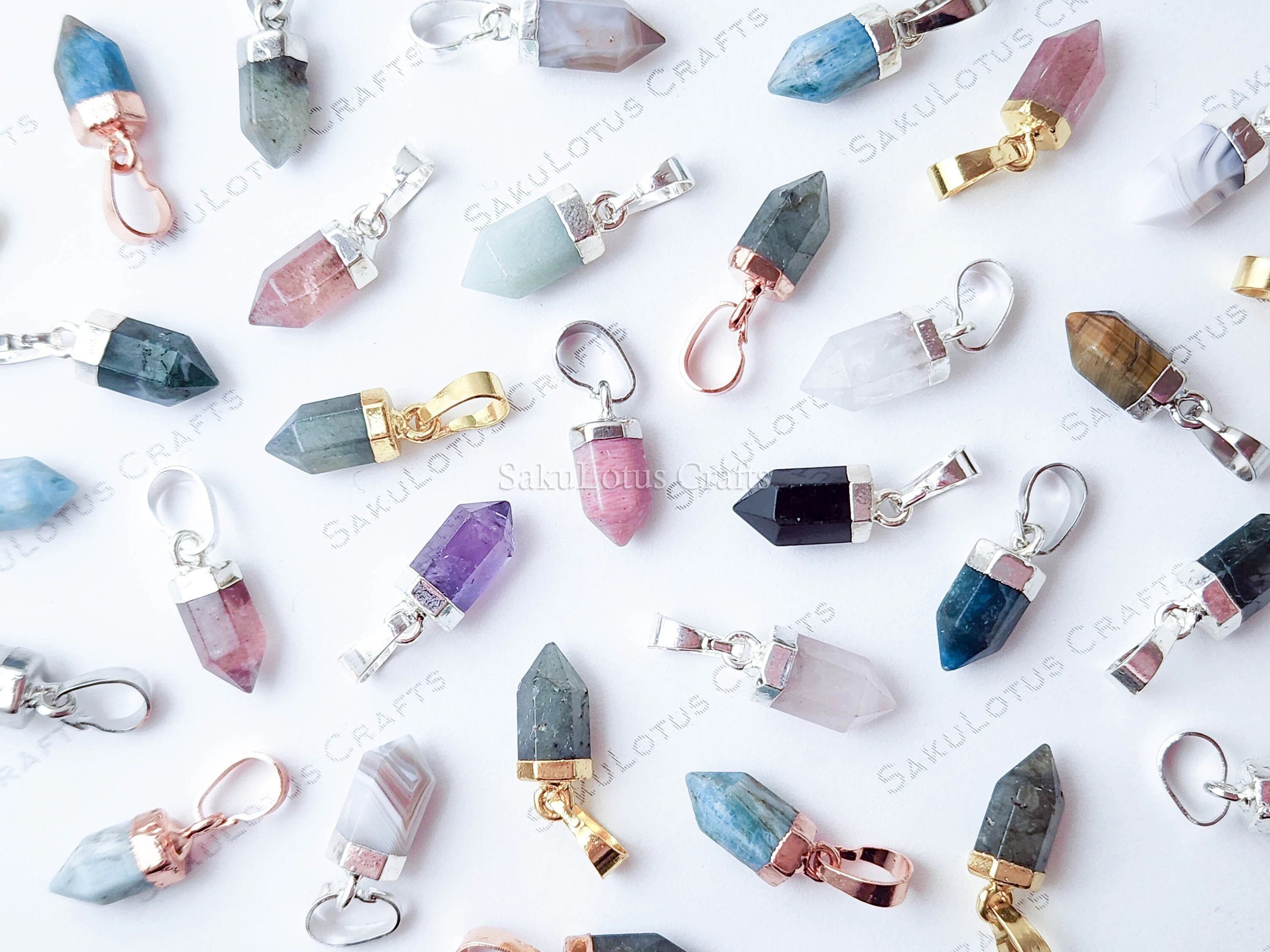Small Natural Crystal Point Pendant • Gold Rose Silver Plated • Petite Stone Charm • Jewelry Making Supplies DIY