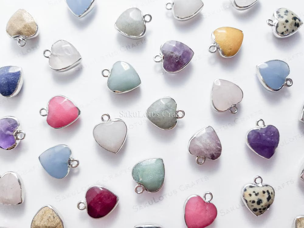 RESTOCK Small Natural Crystal Heart Pendant • Gold Silver Edge • Semi-Precious Gemstone Charm • Jewelry Making Supplies