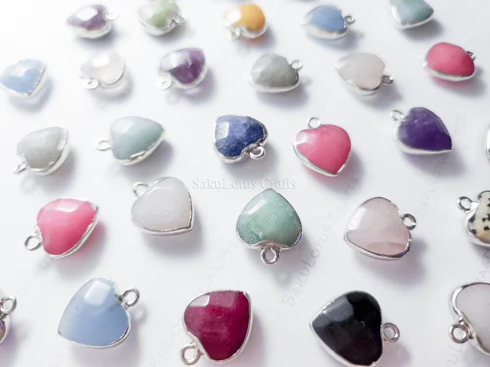 RESTOCK Small Natural Crystal Heart Pendant • Gold Silver Edge • Semi-Precious Gemstone Charm • Jewelry Making Supplies