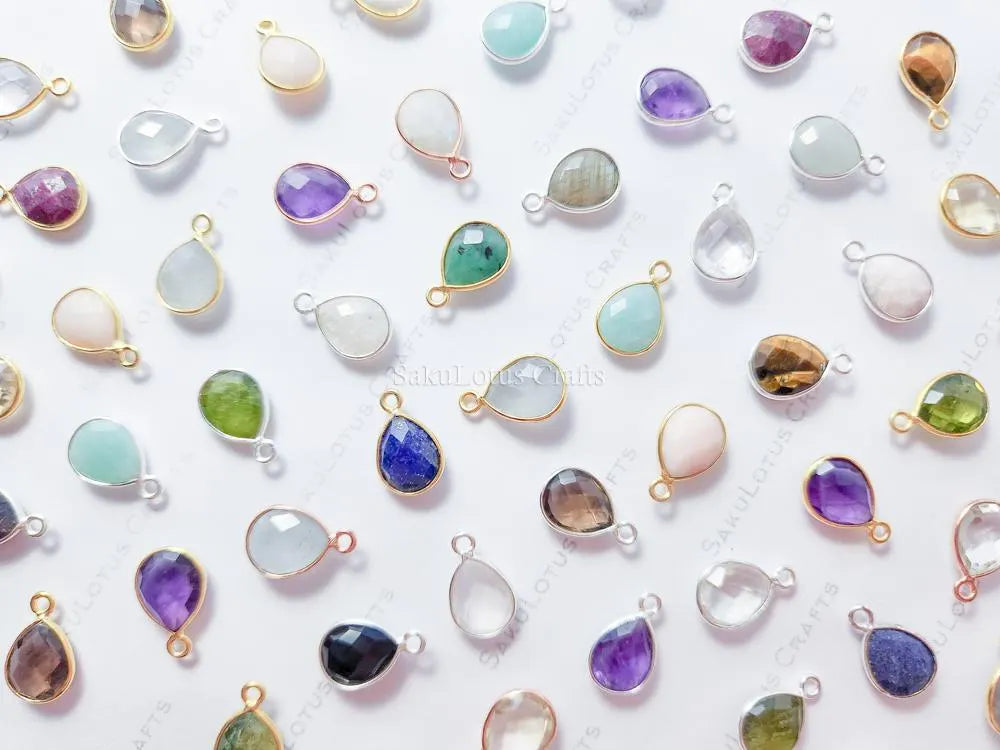 15mm Natural Gemstone Bezel Drop Pendant • 925 Sterling Silver • Gold Rose Vermeil • Teardrop Crystal Charm