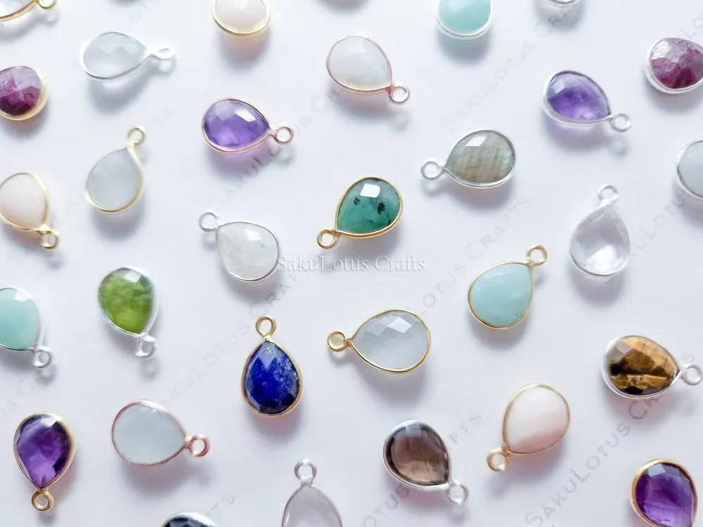 15mm Natural Gemstone Bezel Drop Pendant • 925 Sterling Silver • Gold Rose Vermeil • Teardrop Crystal Charm