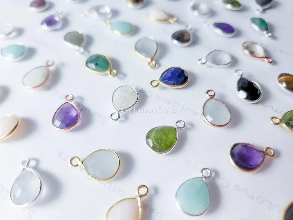 15mm Natural Gemstone Bezel Drop Pendant • 925 Sterling Silver • Gold Rose Vermeil • Teardrop Crystal Charm