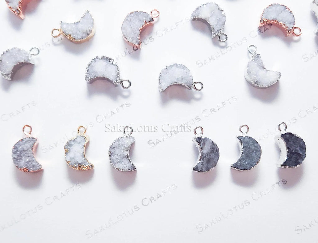 Mini Natural White Raw Druzy Quartz Crescent Moon Pendant • 18mm • Silver Gold Rose • Jewelry Making Charm