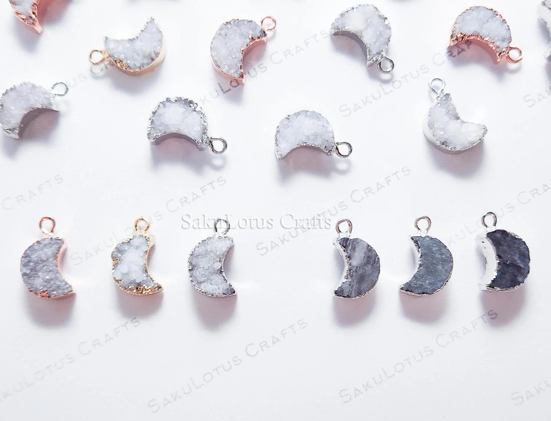 Mini Natural White Raw Druzy Quartz Crescent Moon Pendant • 18mm • Silver Gold Rose • Jewelry Making Charm