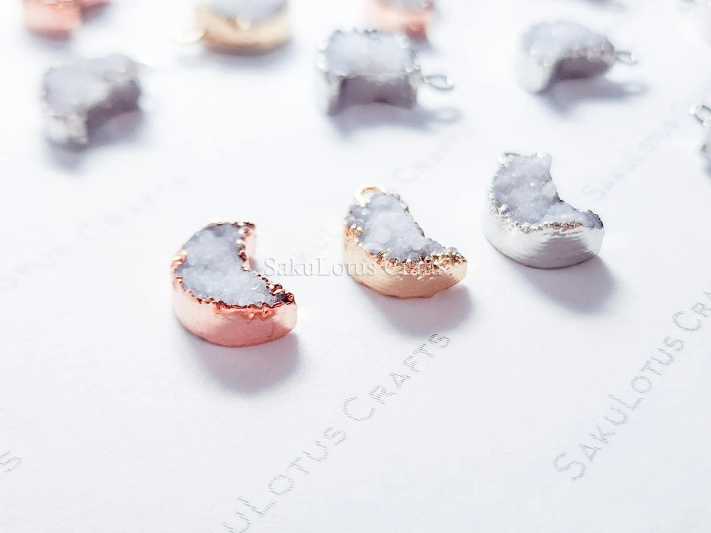 Mini Natural White Raw Druzy Quartz Crescent Moon Pendant • 18mm • Silver Gold Rose • Jewelry Making Charm