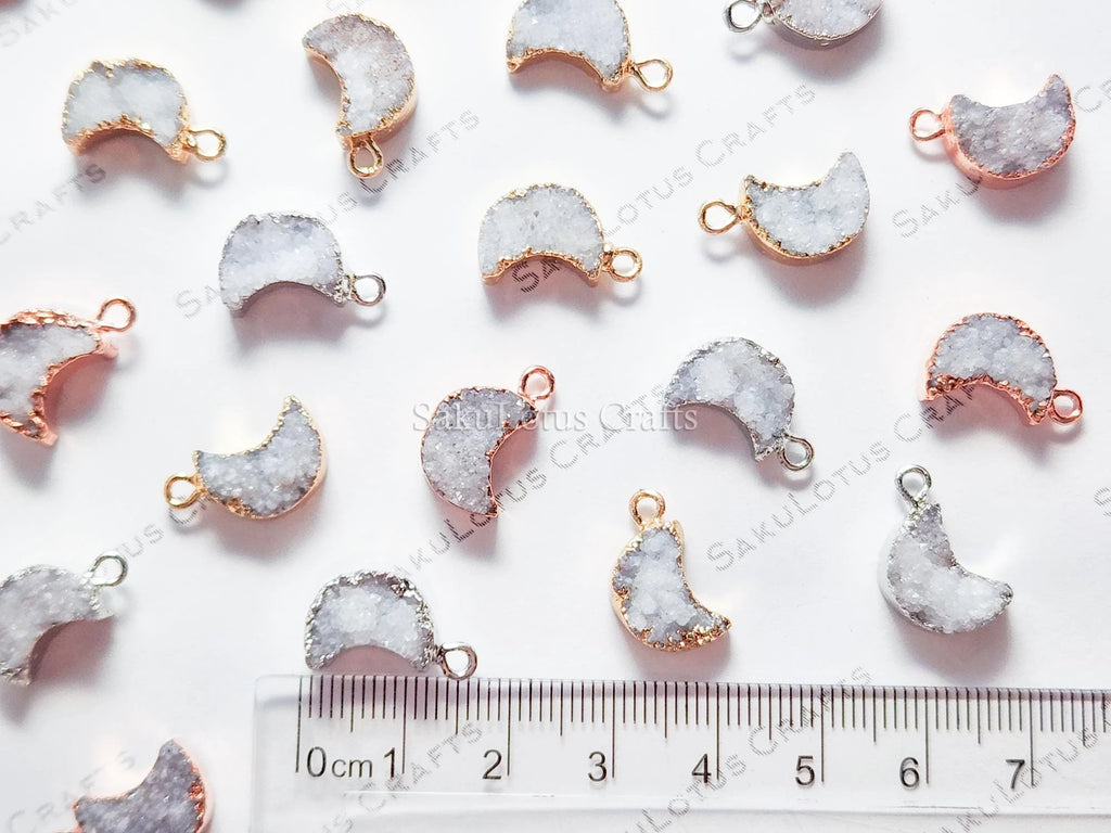 Mini Natural White Raw Druzy Quartz Crescent Moon Pendant • 18mm • Silver Gold Rose • Jewelry Making Charm