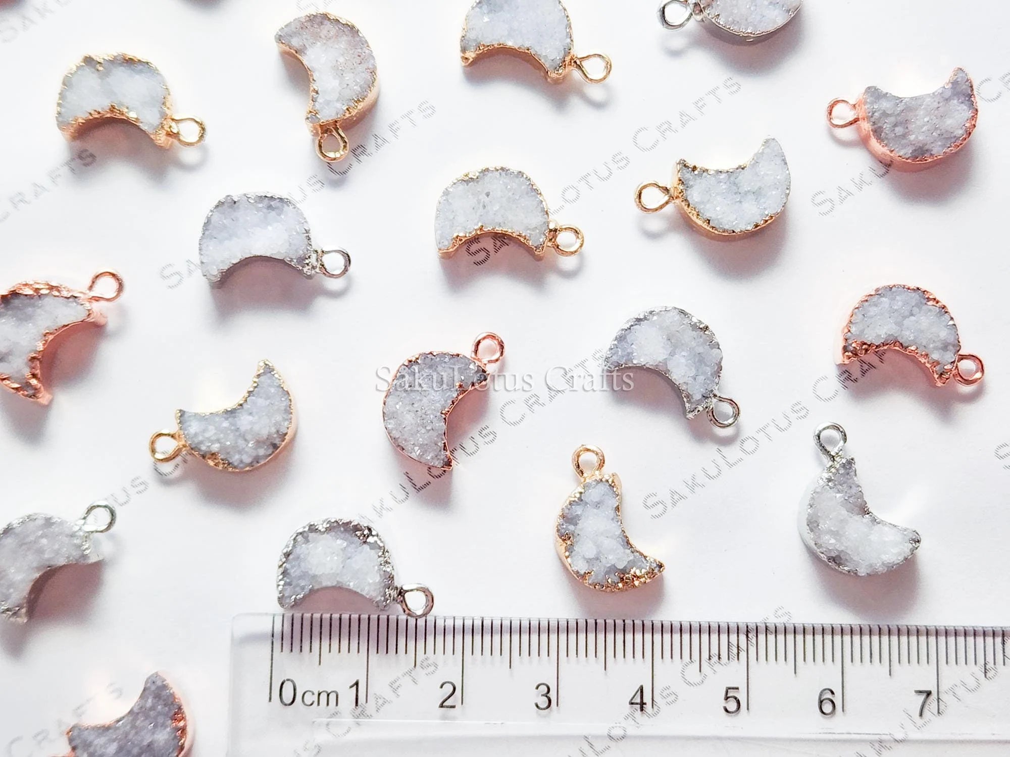 Mini Natural White Raw Druzy Quartz Crescent Moon Pendant • 18mm • Silver Gold Rose • Jewelry Making Charm