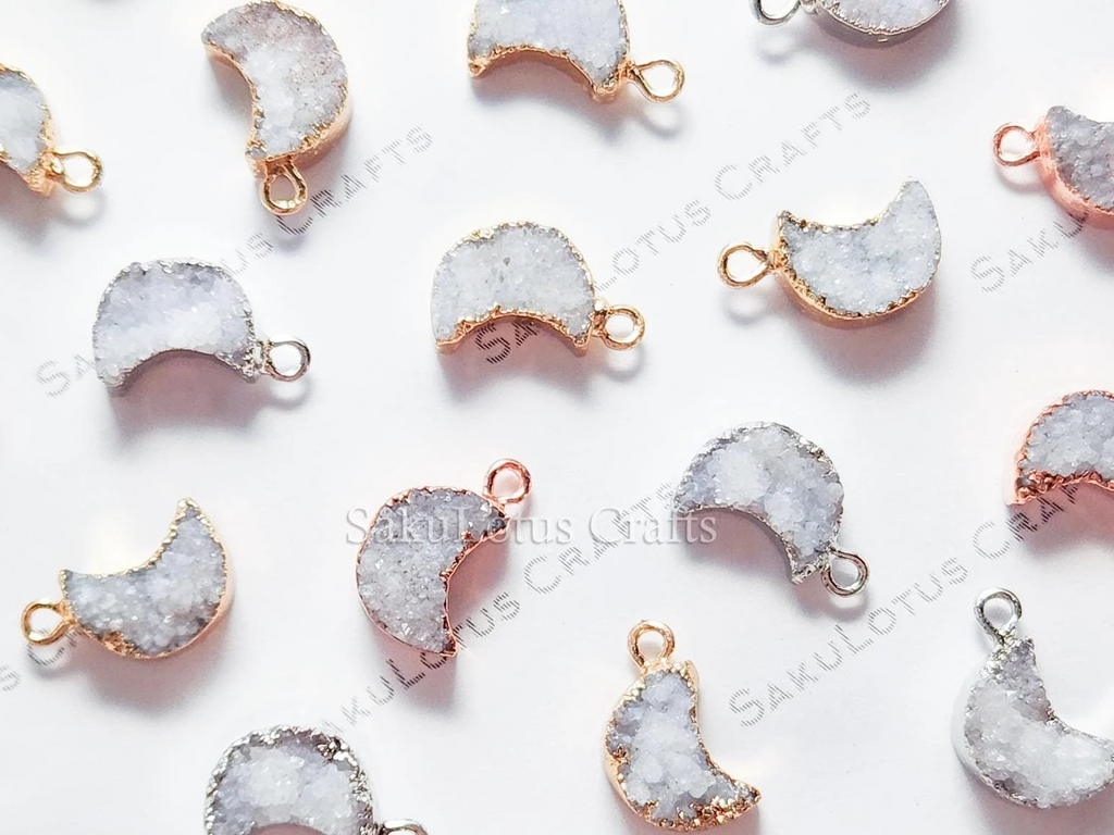 Mini Natural White Raw Druzy Quartz Crescent Moon Pendant • 18mm • Silver Gold Rose • Jewelry Making Charm