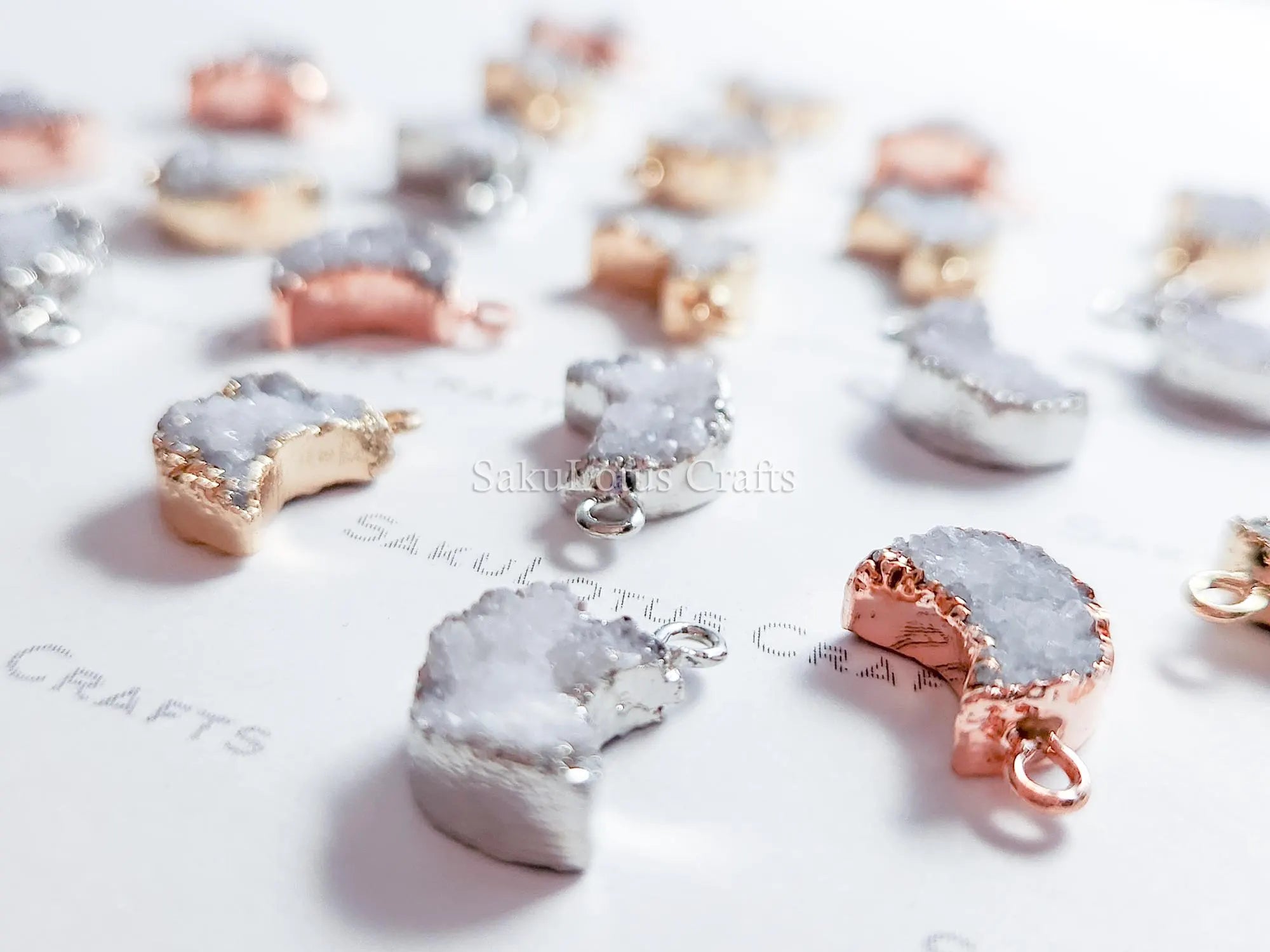 Mini Natural White Raw Druzy Quartz Crescent Moon Pendant • 18mm • Silver Gold Rose • Jewelry Making Charm
