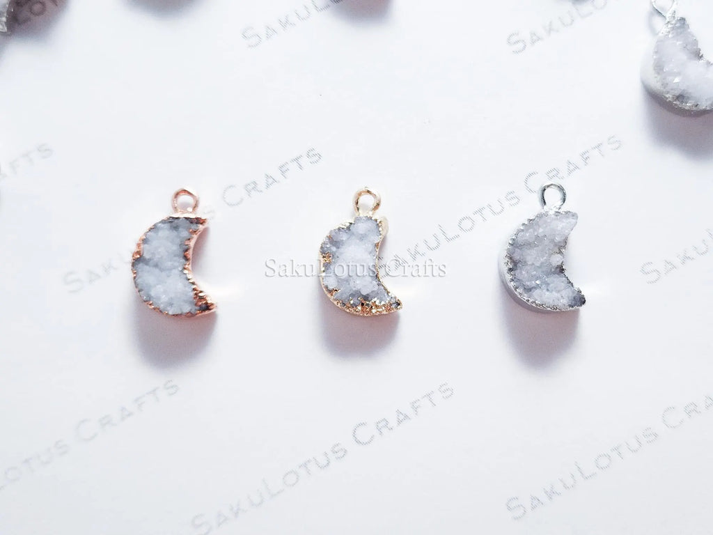 Mini Natural White Raw Druzy Quartz Crescent Moon Pendant • 18mm • Silver Gold Rose • Jewelry Making Charm
