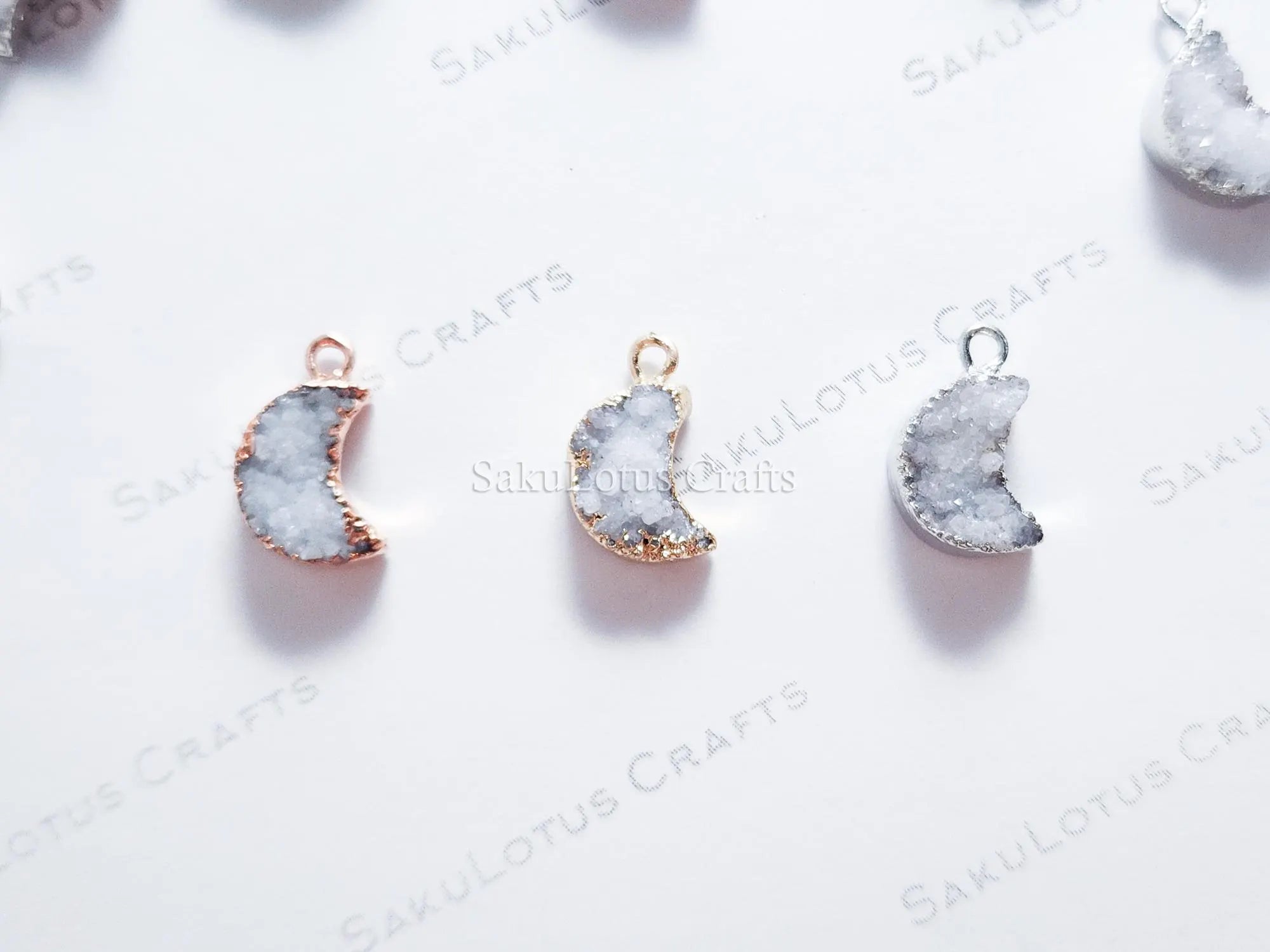 Mini Natural White Raw Druzy Quartz Crescent Moon Pendant • 18mm • Silver Gold Rose • Jewelry Making Charm