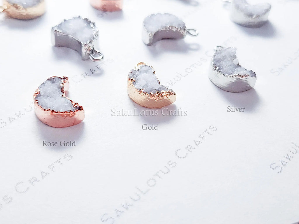 Mini Natural White Raw Druzy Quartz Crescent Moon Pendant • 18mm • Silver Gold Rose • Jewelry Making Charm